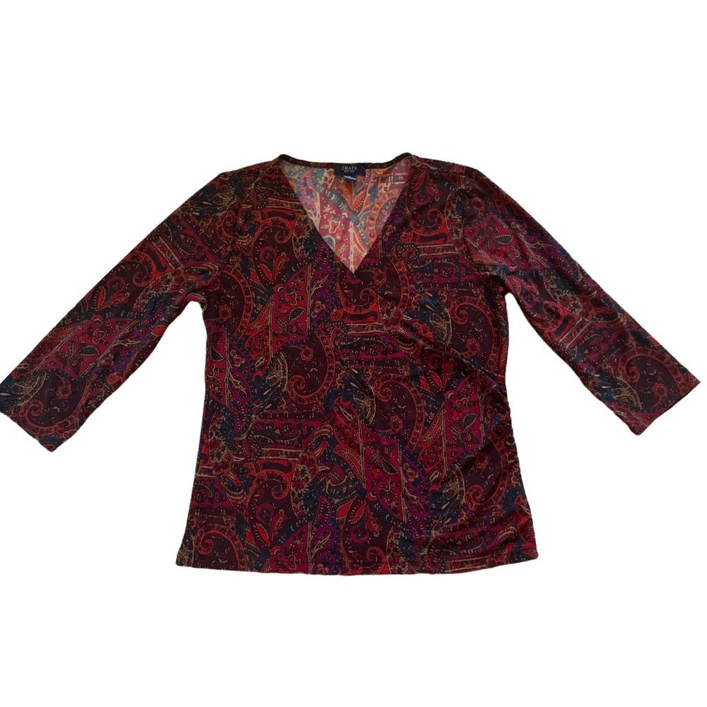Chaps Paisley V-Neck Blouse - Red and Black